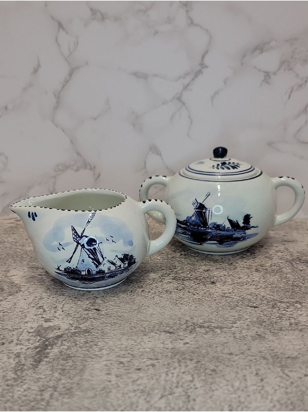 Vintage Delft Blue Creamer and Sugar set windmill